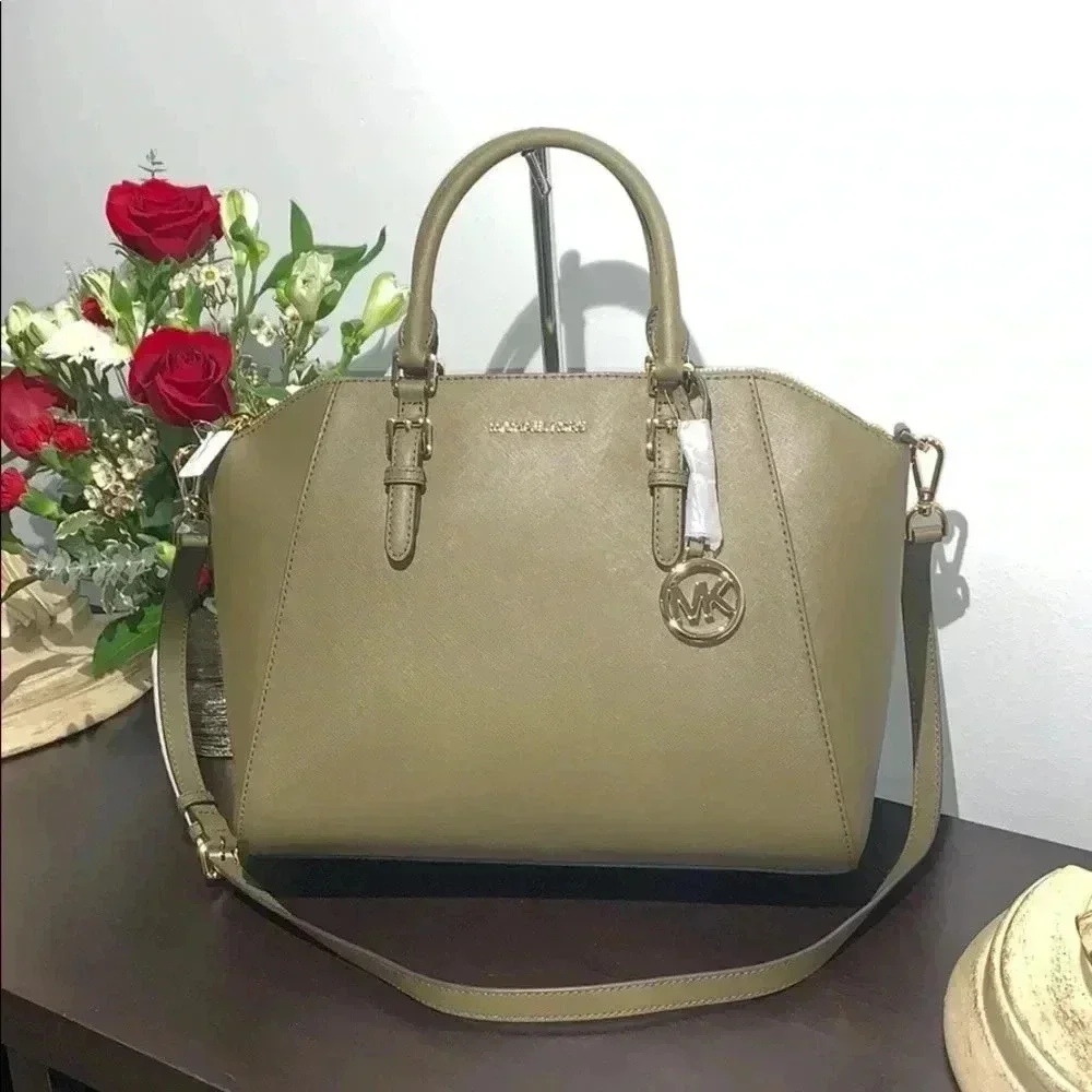 Michael Kors Ciara Duffle Solid olive green color